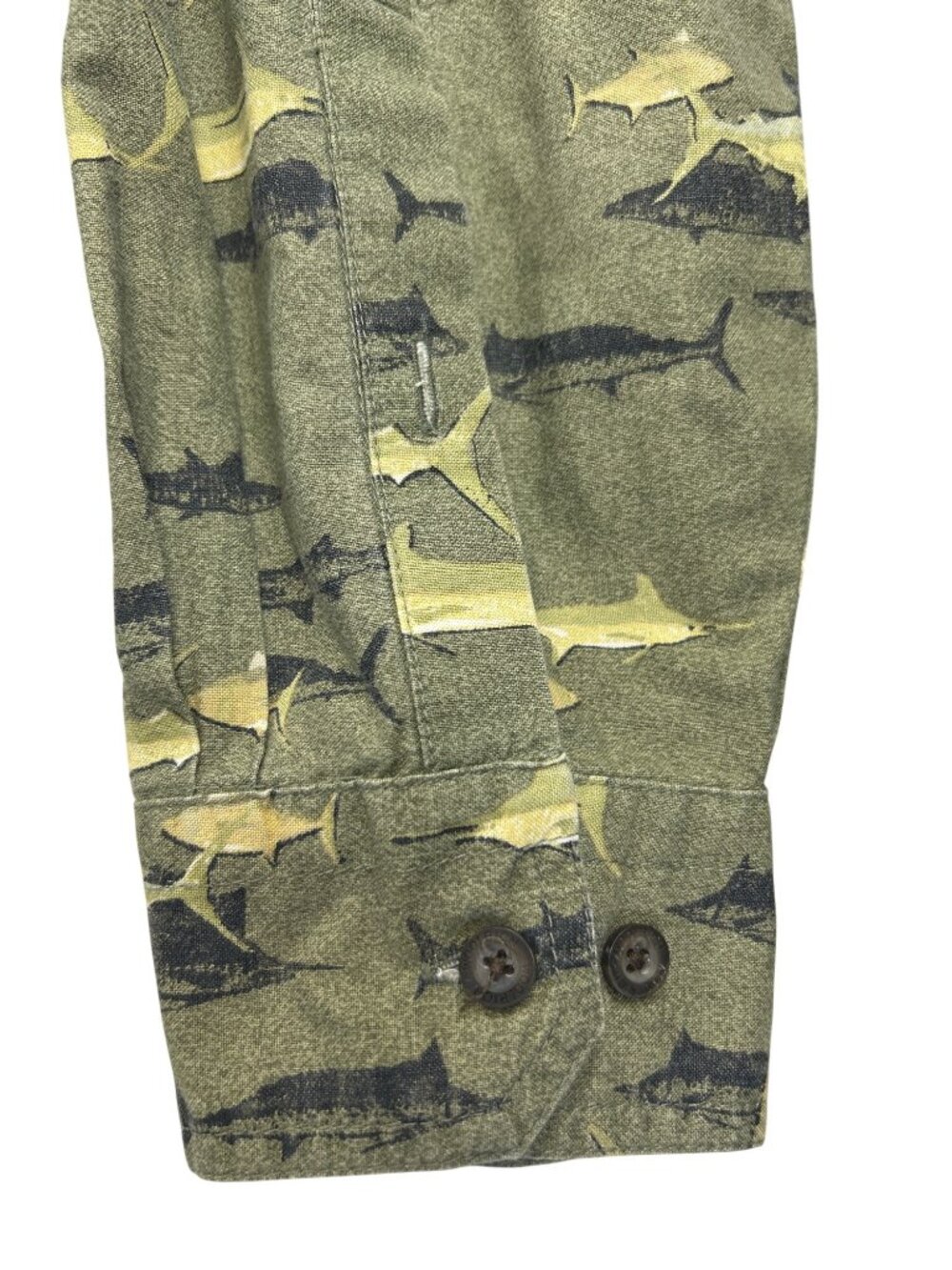 Vtg Woolrich Sz 2XL Fish Print Button Up Shirt Long Sleeve Green Coastal Retro - Picture 8 of 9